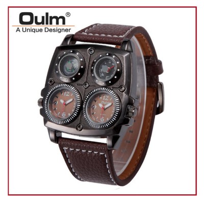 OULM Sports Leather Strap Quartz Male Military Wrist Watch Brown
